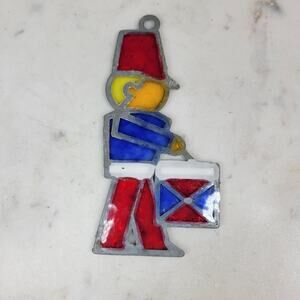 Vintage Drummer Boy Stained Glass Sun Catcher Blue Red Christmas Holiday